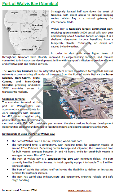 Puertos de Namibia, Walvis Bay, Lüderitz. Acceso a Botsuana, Zambia, Congo, Zimbabue, Angola y Sudáfrica. Curso transporte marítimo