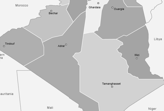 Comercio Exterior y Negocios en las wilayas (regiones) de Argelia - Sahara (fuente: Open Maps)
