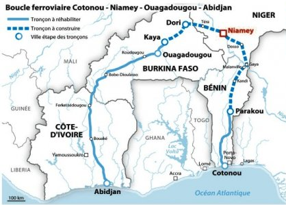 Railway loop Nigeria-Niger-Burkina Faso-Ivory Coast: Cotonou, Parakou, Dosso, Niamey, Kaya, Ouagadougou