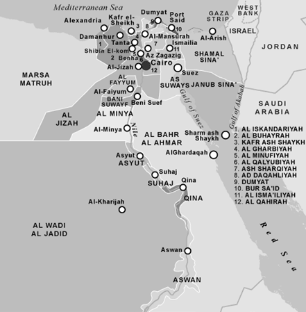 Gobernaciones egipcias (Fuente: Open maps)