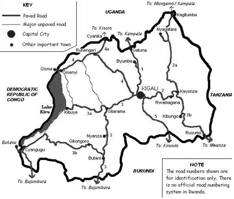 Rodovias nacionais do Ruanda (fonte:  Steve Ruanda)