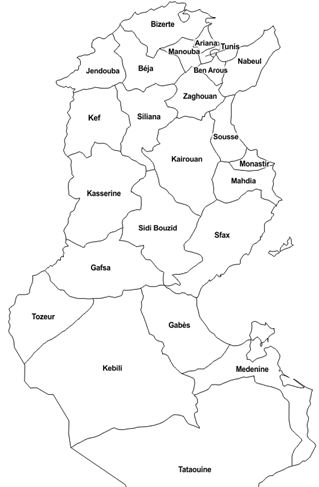les wilayas (governacions) de Tunísia